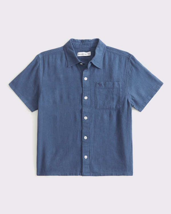 short-sleeve linen-blend icon shirt, Blue view 1