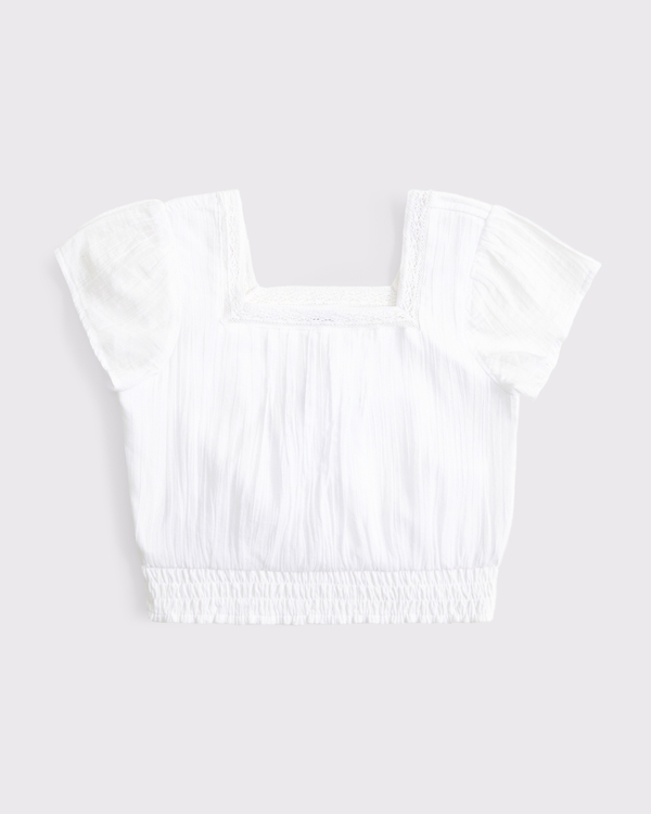 lace-trim smocked waist top, White view 1