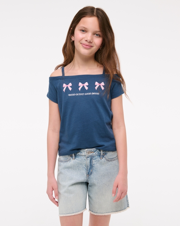 off-the-shoulder graphic tee, Navy Blue view 1